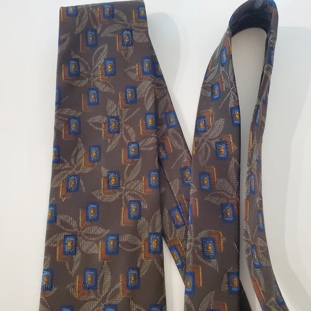 ERMINEGILDO ZEGNA Silk Wool Blend Neck Tie Leaf Geo Tan Gold Blue Green Italy